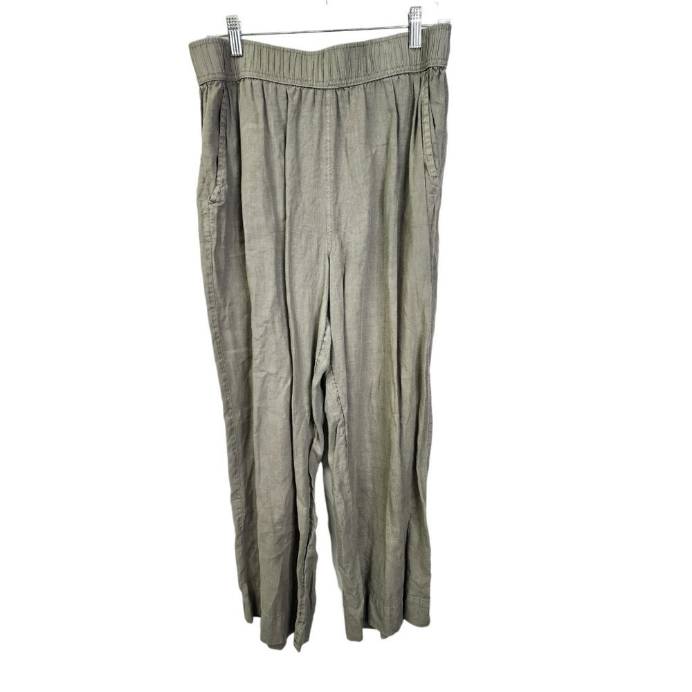 TAHARI 100% Linen Green Pull‎ On Pants Lagenlook Wide Leg Womens Large